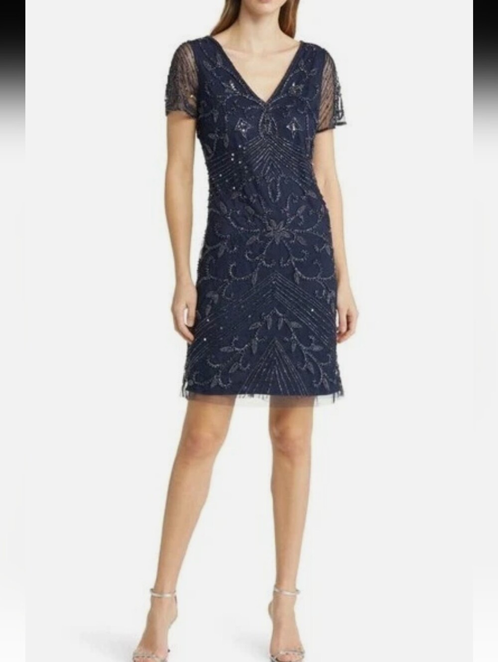 Pisarro Nights Beaded Shift Dress Baby Blue Black Size 4P Cocktail Party NYE